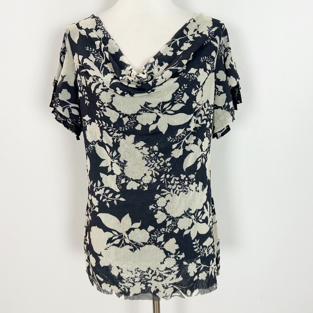 Women's Y2K Black Cream Floral Mesh Cowl Neck Lace Trim Top Size XL